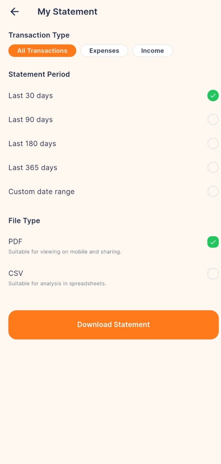 Budgetics My Statement screen with PDF and CSV export options for 30 to 365 days