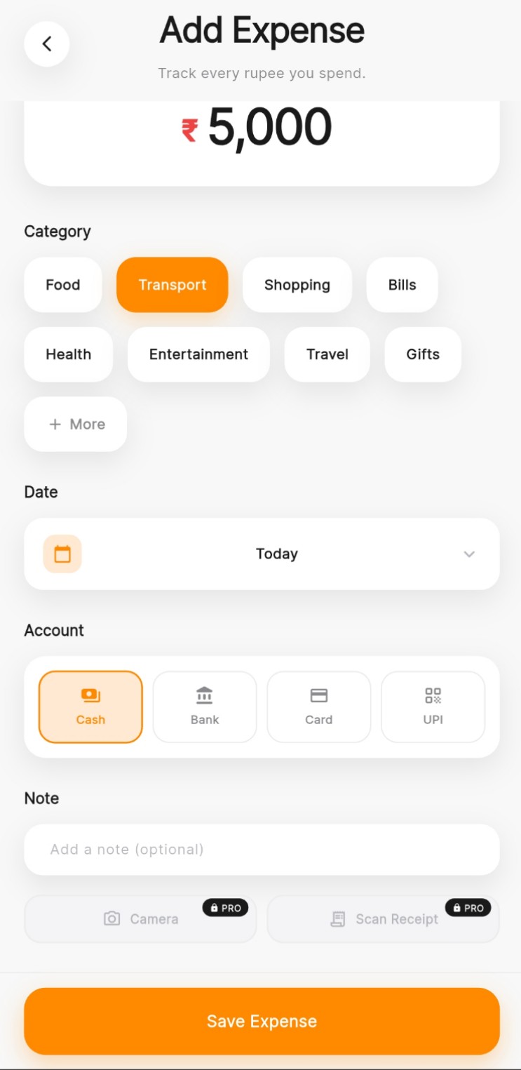 Budgetics Add Expense screen with a ₹5,000 amount, category chips like Food and Transport, date and account selection