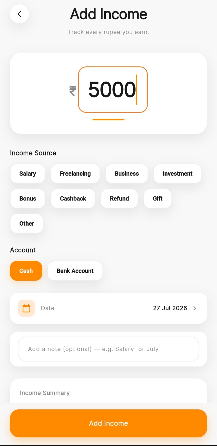 Budgetics Add Income screen with income sources such as salary, freelancing and business