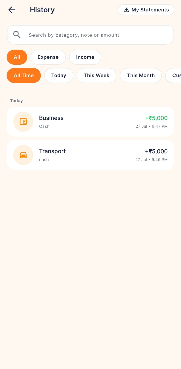 Budgetics history screen with search and filters over past transactions